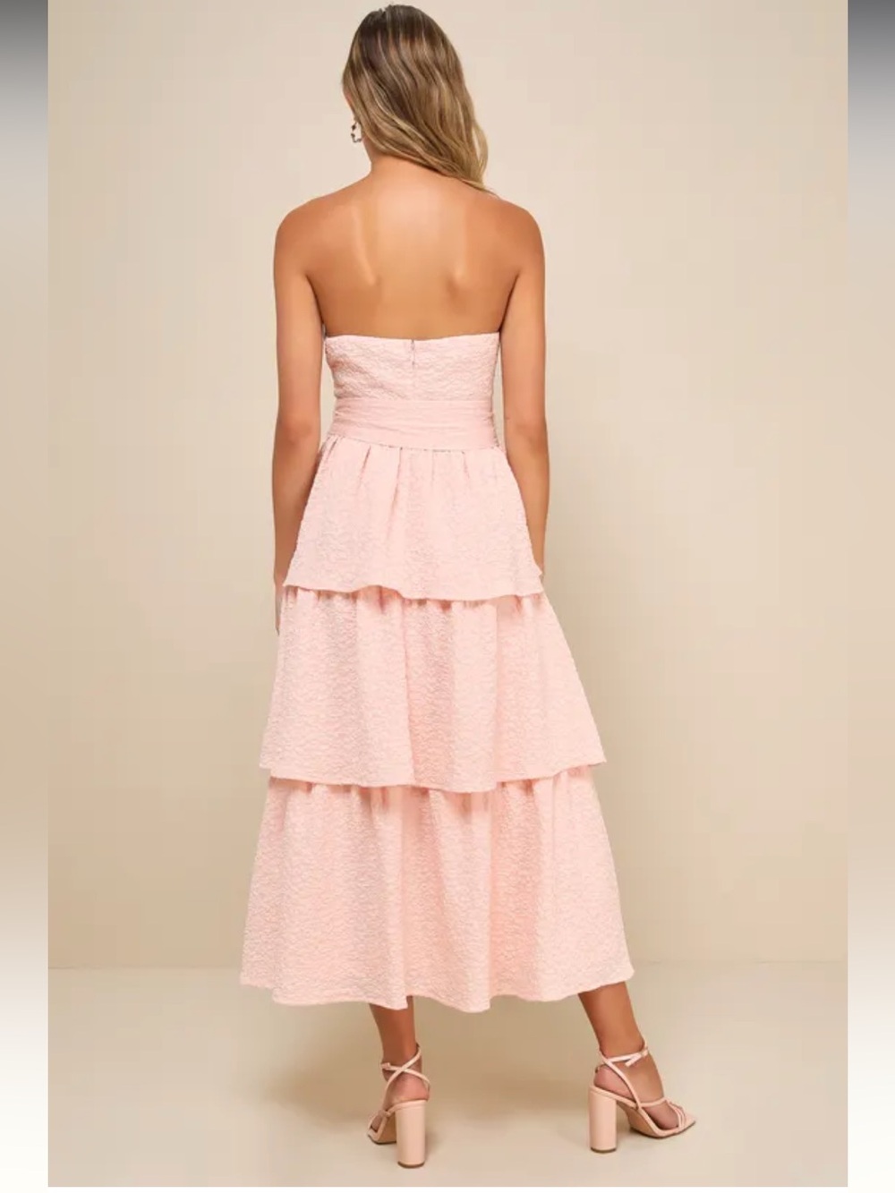 Lulus Truly Marvelous Blush Pink Jacquard Strapless Tiered Midi Dress Size XL - Picture 7 of 7